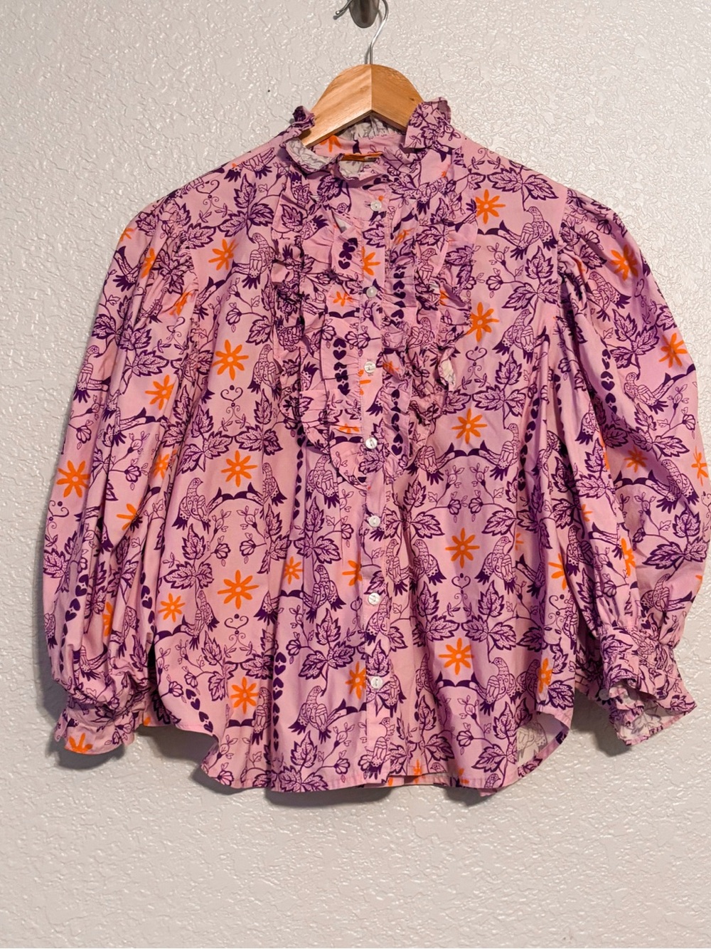 Oliphant Lavender Floral Print Ruffle Blouse with Orange Accents